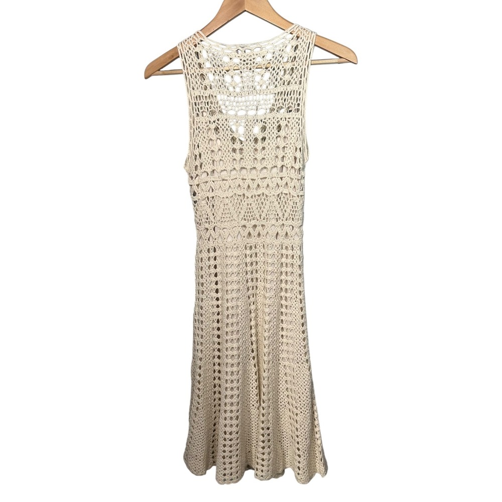 Boho Chic Crochet Midi Sundress Size M 100% Cotton Cream Coastal Beach - Picture 2 of 8